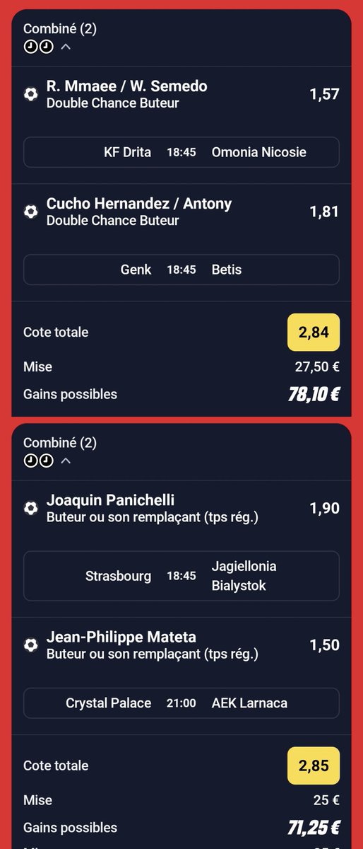 BetClem_'s tweet photo. BETS FOOTBALL #UEL #UECL 🇪🇺 23/10 🗓️ 

COMBINÉ DU JOUR ☘️ 
@1.56
55€ ➡️ 85.87€
Meilleures cotes ici 👇 
https://t.co/yTDWeM6veJ
Code promo : BETCLEM
🎁 50% de ton 1er dépôt en freebet jusqu'à 200€

COMBINÉ FUN 🔥 
@2.56
25€ ➡️ 64.15€

COMBINÉ FUN DC 🎯
@2.84
27.50€ ➡️ 78.10€
https://t.co/Zixolq22vd

FUN BUTEUR ⚡
@2.85
25€ ➡️ 71.25€
https://t.co/iZADeKdwYU

ULTRA FUN BUTEURS 🚀 
@8.82
15€ ➡️ 132.30€
https://t.co/rDIGlqmInM

👉 Attendre les compositions officielles pour les buteurs si vous en avez la possibilité (ça n'est pas le cas de tout le monde) c'est préférable.

Début 18h45 🕖
💚 Si tu soutiens 
#TeamParieur