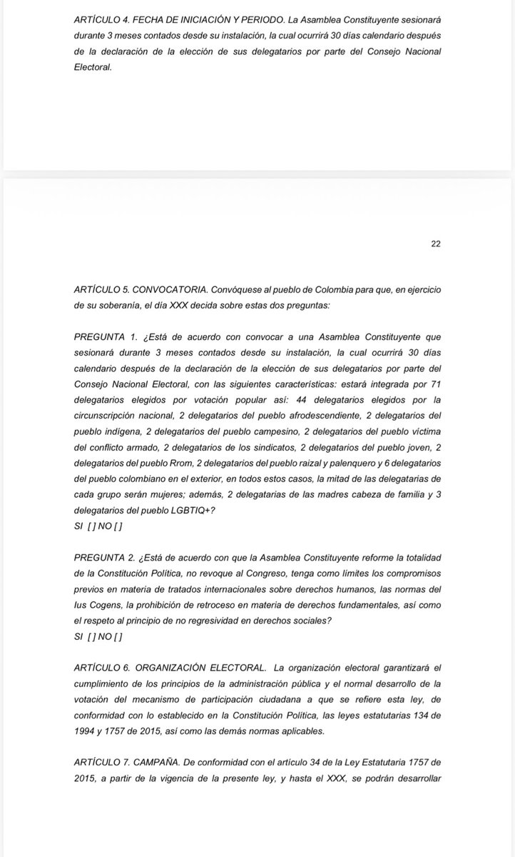Atención: El gobierno del presidente <a href="/petrogustavo/">Gustavo Petro</a> presenta esta madrugada el borrador de proyecto de ley para convocar a una Asamblea Constituyente, para cambiar la Constitución de 1991. El argumento es lo que el gobierno llama “bloqueo institucional”. Serían 71 delegados,
