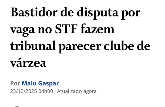 The image displays a news article headline in Portuguese stating details of a dispute over a vagina in the STF making the court seem like a club of lies, with byline Por Malu Gaspar and timestamp 20/10/25 04:00 Atualizado agora.