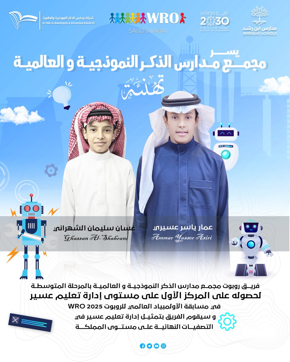 thekrrsch's tweet photo. نتقدم بالتهنئة للطالبين
* عمار ياسر عسيري
* غسان سليمان الشهراني
من فريق روبوت مدارسنا 
لحصولهم على المركز الأول على مستوى تعليم عسير
متمنين لهم التوفيق
#مدارس_ابن_رشد⁩
⁧#مدارس_الذكر_النموذجية_والعالمية⁩
⁧#شركة_ابن_رشد_التعليمية_القابضة⁩
⁧#حيث_التفرد https://t.co/OxVw2PjEK4
