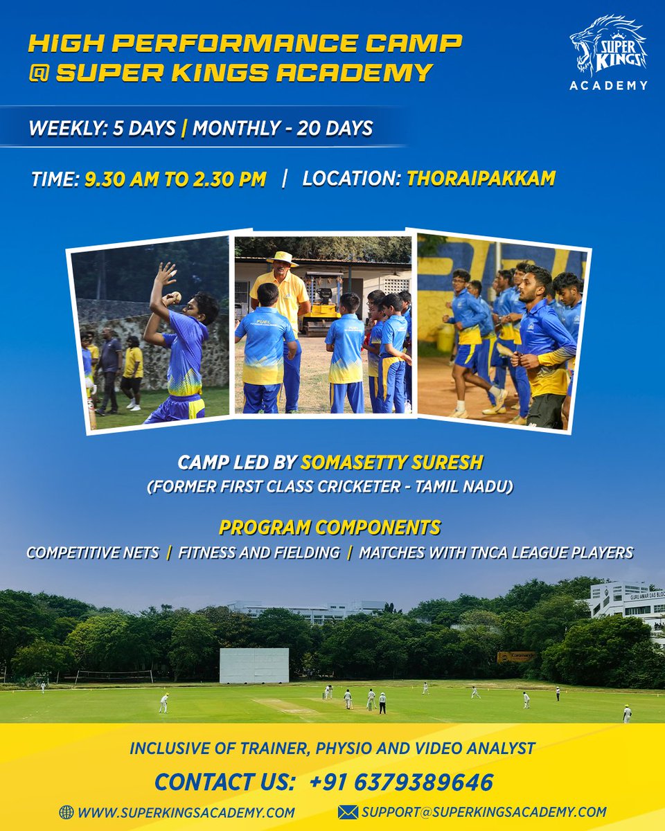 Ready to push your limits? 💪
Join the High Performance Camp at #SuperKingsAcademy Thoraipakkam and level up your game!

#TrainLikeASuperKing 🏏
#HighPerformanceCamp