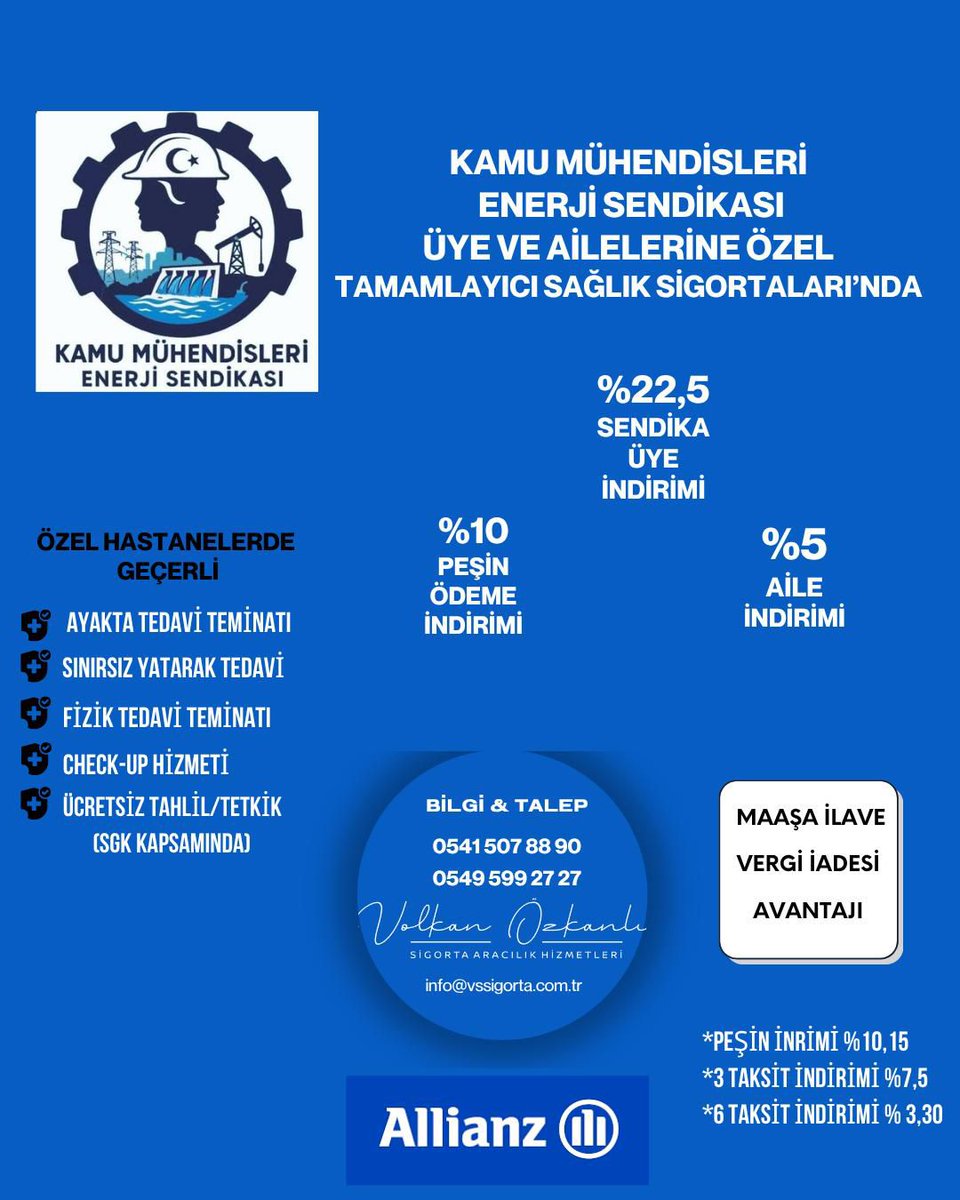 📢 Kamu Mühendisleri Enerji Sendikası’ndan Üyelerine Özel Tamamlayıcı Sağlık Sigortası Anlaşması

Sendikamız, Volkan Özkanlı Sigorta Aracılık Hizmetleri aracılığıyla,
Allianz güvencesinde tamamlayıcı sağlık sigortasında özel bir indirim anlaşması sağlamıştır.

🏥 Özel
