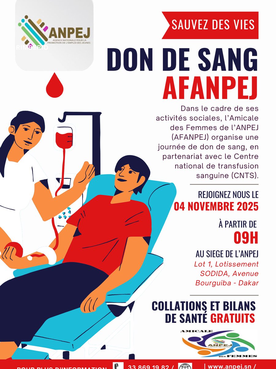 Dans le cadre de ses activités sociales, l’Amicale des Femmes de l’ANPEJ organise, en partenariat avec le Centre National de Transfusion Sanguine (CNTS), une journée de don de sang le mardi 04 novembre 2025.
#anpej #cnts #afanpej