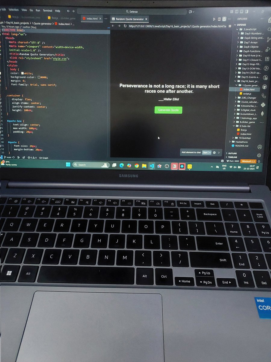 _abhijeet13's tweet image. Day 31 of my #WebDev journey 💻
Built 10 mini projects using #HTML, #JavaScript, and #DOM manipulation — including a Quote Generator, BG Color Changer, Clock, Countdown Timer,Quiz App, and more⚡
Great hands-on day to strengthen my JS fundamentals!
#100DaysOfCode #LearnInPublic