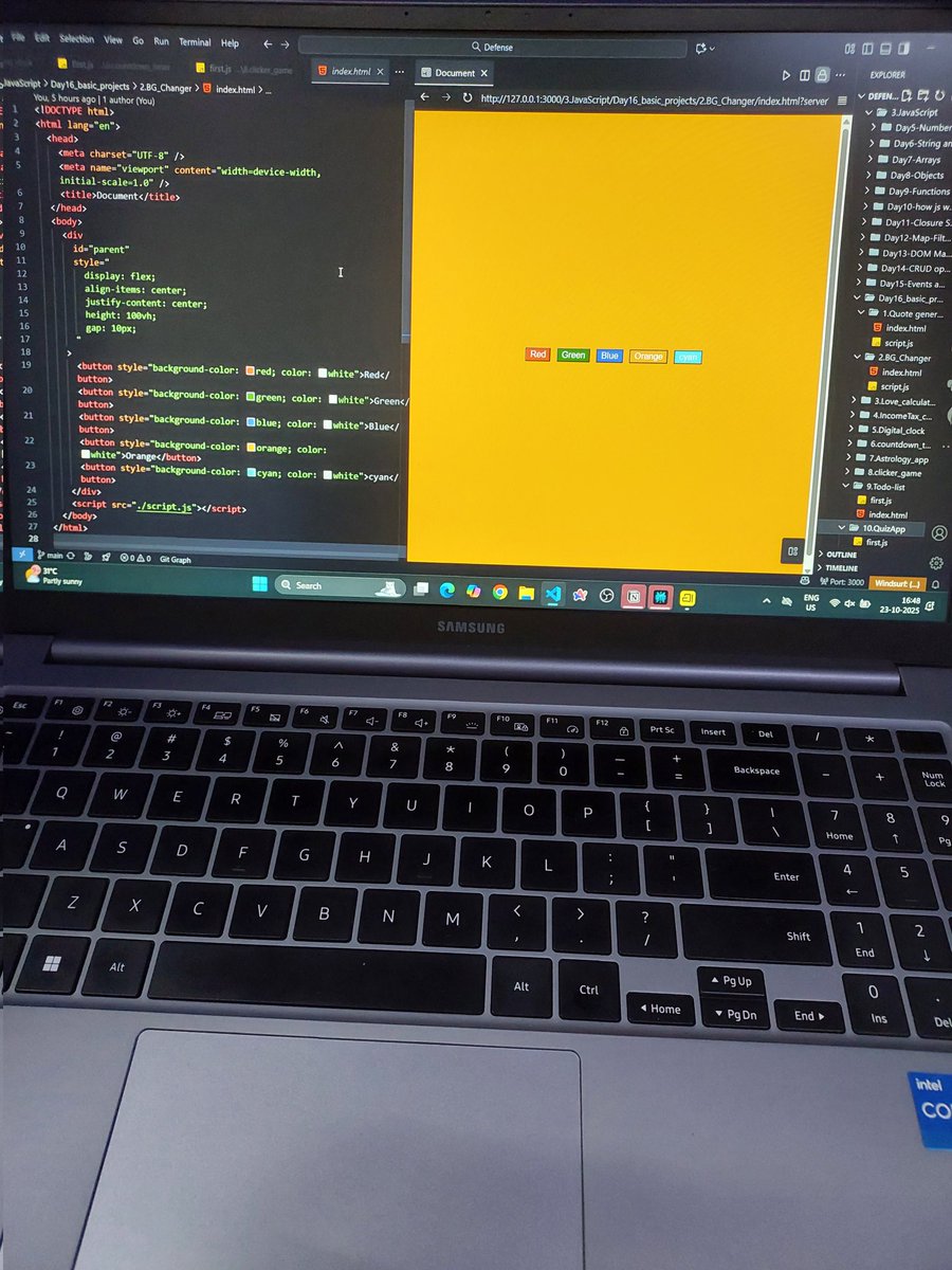 _abhijeet13's tweet image. Day 31 of my #WebDev journey 💻
Built 10 mini projects using #HTML, #JavaScript, and #DOM manipulation — including a Quote Generator, BG Color Changer, Clock, Countdown Timer,Quiz App, and more⚡
Great hands-on day to strengthen my JS fundamentals!
#100DaysOfCode #LearnInPublic