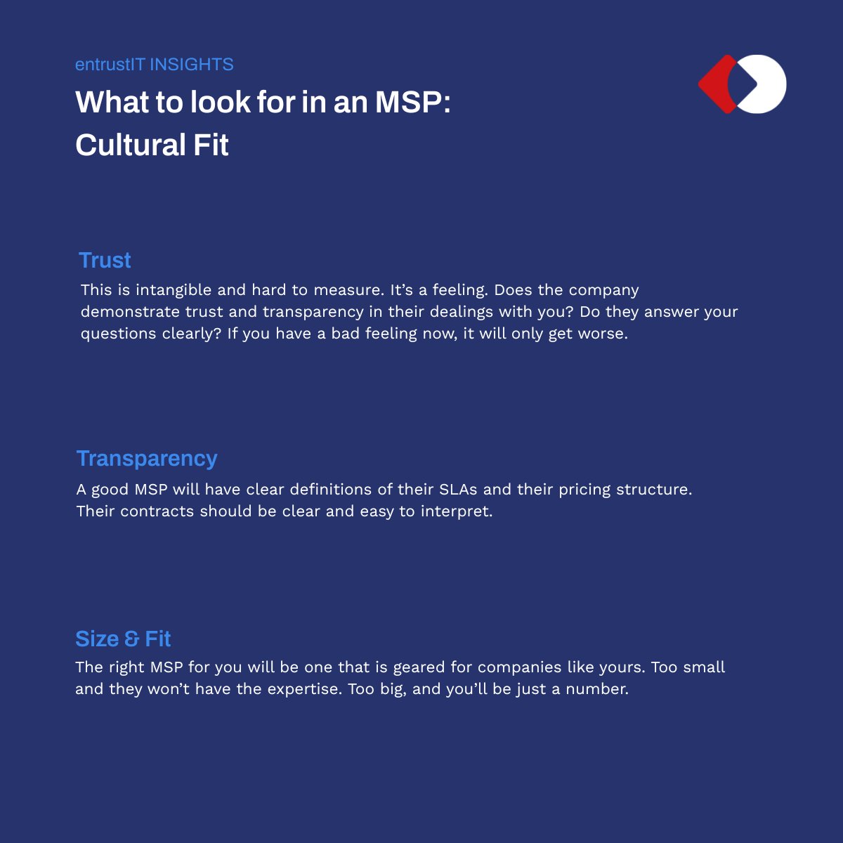 EntrustIT's tweet image. When selecting an MSP, they shouldn&apos;t just be a technical fit. This is a major component of your business success.

Look out for signs that your two companies are a cultural fit, too.

Learn more about what to look out for in our latest insight: hubs.ly/Q03G0H2s0