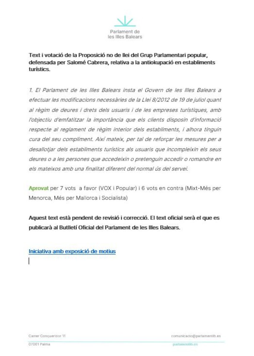 salomecr's tweet image. Hoy en @ParlamentIB hemos aprobado una iniciativa dl #PartitPopular para combatir y prevenir la okupacion en empresas turísticas, preservar los puestos d trabajo, la seguridad, el destino y evitar la degradación dl entorno.
Todo ello, con el voto EN CONTRA de la izquierda.
