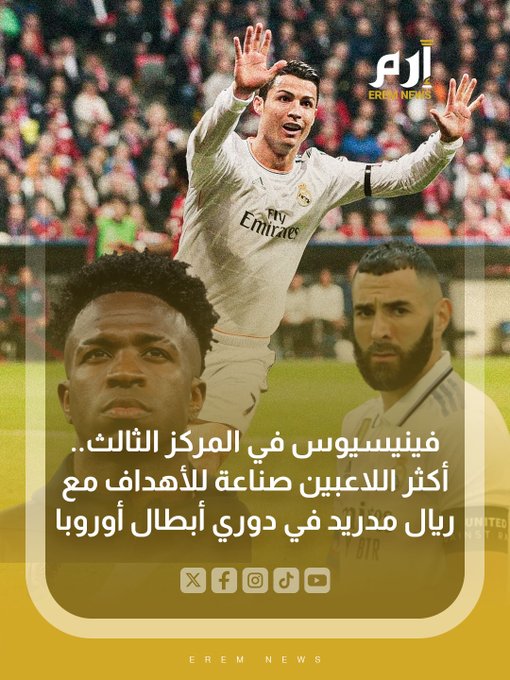 فينيسيوس جونيور على بُعد 3 تمريرات حاسمة من أن يصبح أفضل صانع أهداف في تاريخ ريال مدريد في دوري أبطال أوروبا 