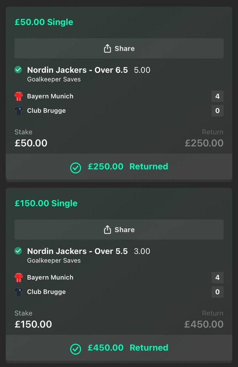 Clean sweep on last nights UCL bets 🧹🇪🇺

- Tah Foul &amp; Bayern Card @ 1.95 ✅ +0.95u

- Brugge GK 6+ &amp; 7+ Saves @ 3.00 &amp; 5.00 ✅ +2.5u

- Bayern Most SOTs Each Half &amp; 2+ Corners Each Half @ 2.02 ✅ +2.04u

Join our FREE telegram as we look towards a big night in the Europa League