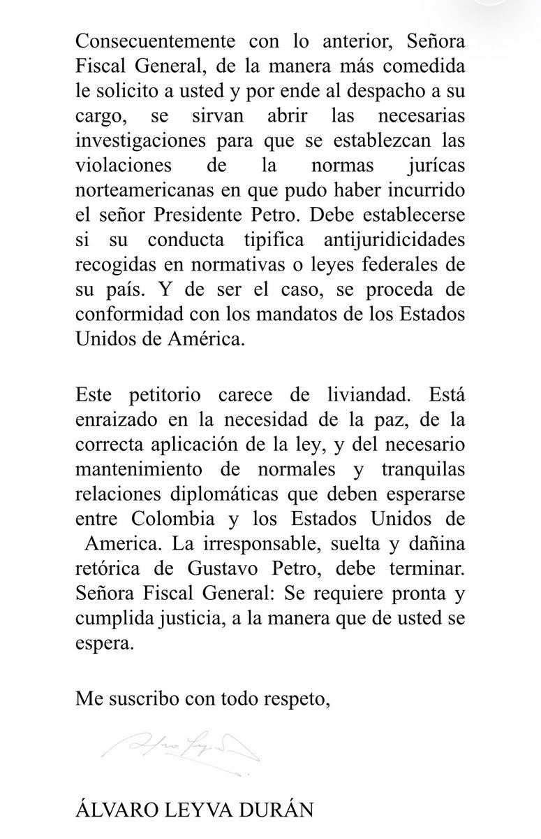 El excanciller <a href="/AlvaroLeyva/">Álvaro Leyva Durán</a> publica la denuncia que entabló ante la Fiscal General de EEUU contra el presidente <a href="/petrogustavo/">Gustavo Petro</a> tras su llamado a los soldados estadounidenses a desobedecer las órdenes del presidente <a href="/realDonaldTrump/">Donald J. Trump</a>