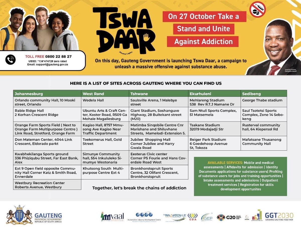 Rand West get ready! Gauteng! 

👇🏽Find us at these sites across Gauteng on the 27th October 2025

#TswaDaar
#KeMoja #Imfinewithoutdrugs #GautengAtWork #GrowingGautengTogether