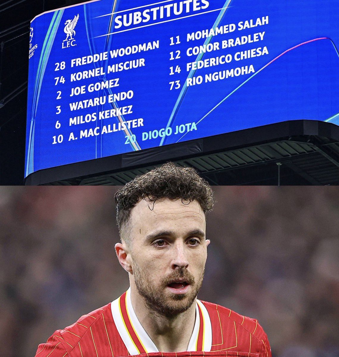 AuraFutShop's tweet image. 🎗️ EMOCIÓN PURO 🎗️
Eintracht Frankfurt incluyó el nombre de Diogo Jota entre los suplentes en la pantalla del partido ante Liverpool, resaltado en turquesa en señal de homenaje. Un detalle que trasciende el fútbol y conmueve al mundo entero. 🖤 #DiogoJota #Tributo #FootballUnity