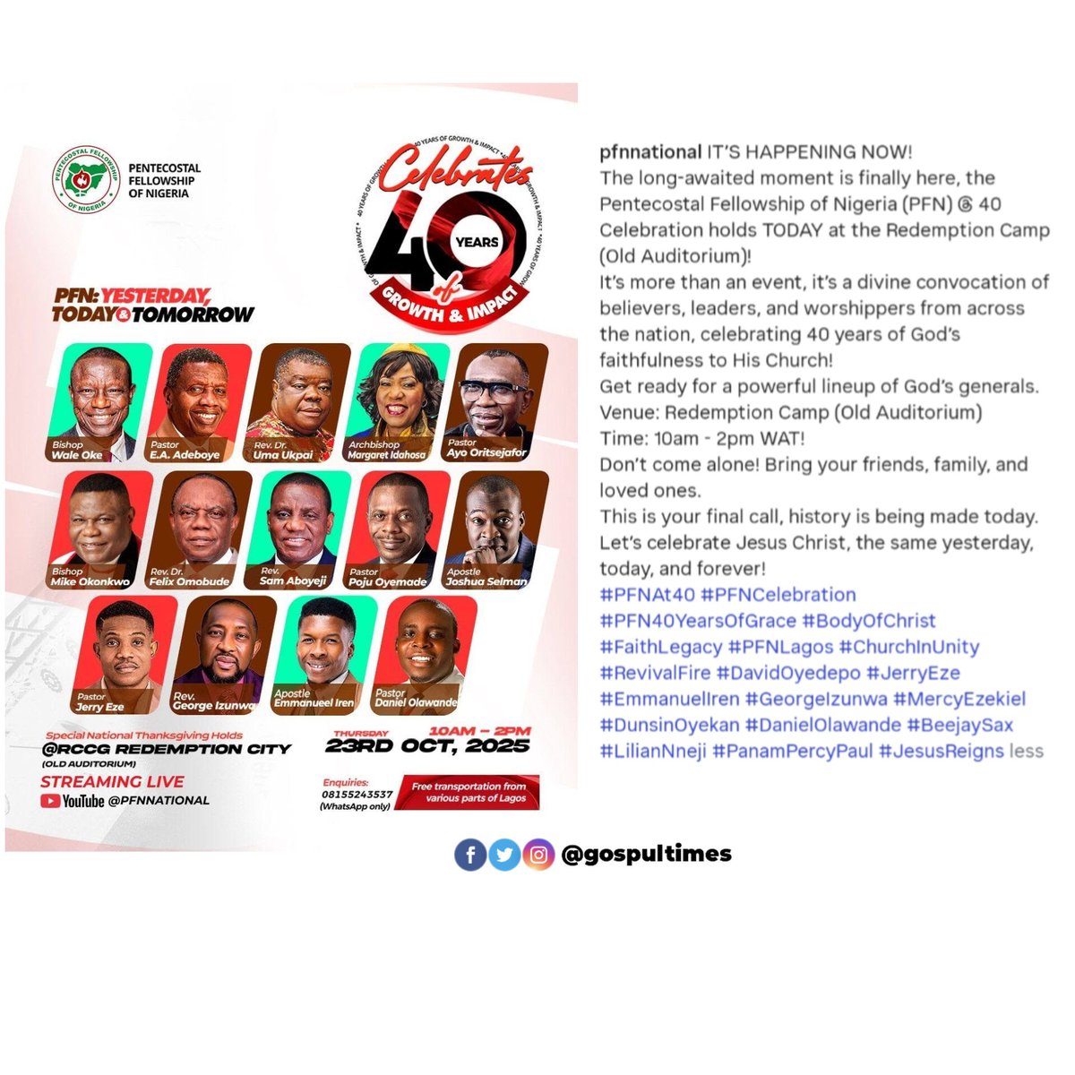 GospulTimes's tweet photo. The Pentecostal Fellowship of Nigeria celebrates 40 years anniversary live at the RCCG Redemption City today

#gospelnews #trending #pfn #pfn@40 #churchinnigeria #churchgist #updates #pentecostalfellowshipofnigeria #news #gospultimes https://t.co/9slMD45r0z