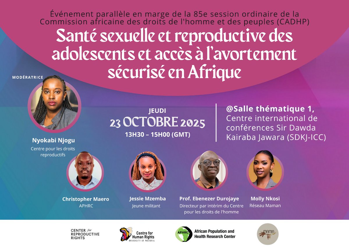 themamanetwork's tweet photo. Lors de la 85e session ordinaire de la CADHP à Banjul, en Gambie, rejoignez @themamanetwork @ReproRightsAFR @aphrc pour un événement parallèle sur la santé sexuelle et reproductive des adolescents et l'accès à l'avortement médicamenteux. https://t.co/hzbMzUfNW3