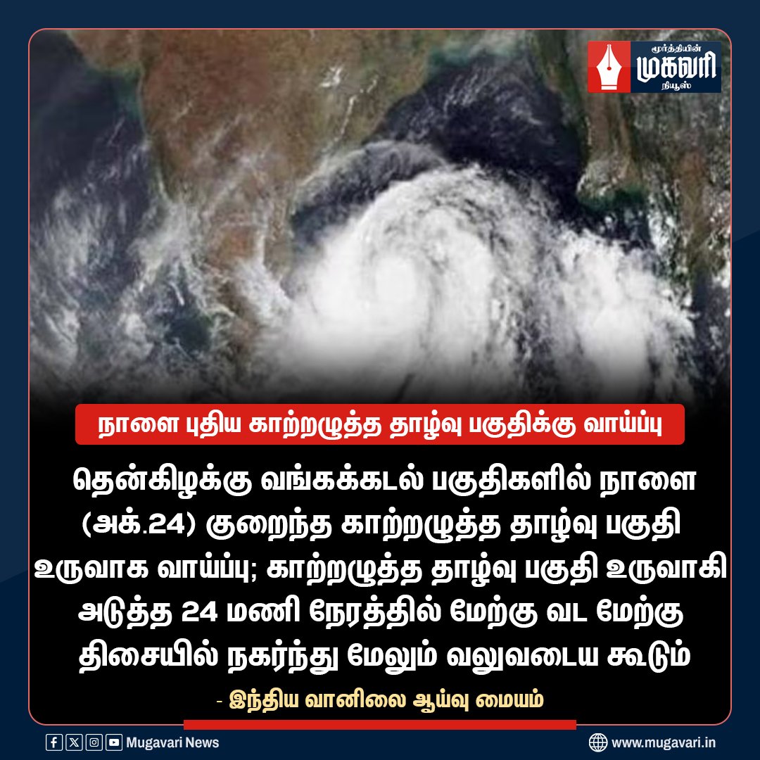 MugavariNews's tweet image. நாளை புதிய காற்றழுத்த தாழ்வு பகுதிக்கு வாய்ப்பு

#Weather #TropicalDepression #LowPressure #RainAlert #MugavariNews