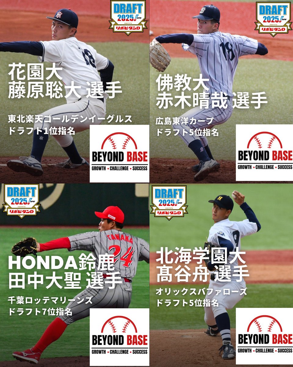 beyond_base's tweet image. 2025年ドラフト会議 
BEYOND BASE Familyから4名支配下指名されました!
・花園大 藤原聡大 選手 楽天ドラフト1位
・佛教大 赤木晴哉 選手 広島ドラフト5位
・北海学園大 髙谷舟 選手 オリックスドラフト5位
・HONDA鈴鹿 田中大聖 選手 ロッテドラフト7位
今後の活躍が楽しみです!!✨