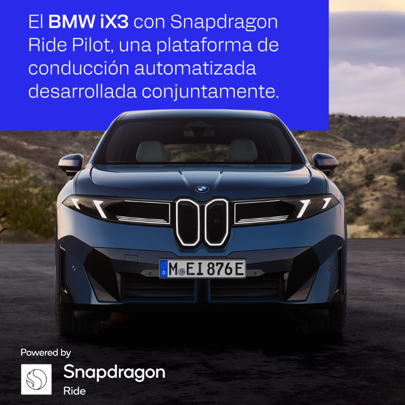 Qualcomm_ES's tweet photo. @Snapdragon Ride Pilot, desarrollado junto a @BMWGroup, cobra vida en el nuevo BMW iX3.

Este sistema ofrece una percepción de 360°, prioriza la seguridad y permite una conducción avanzada y contextual.

Desliza para saber más.