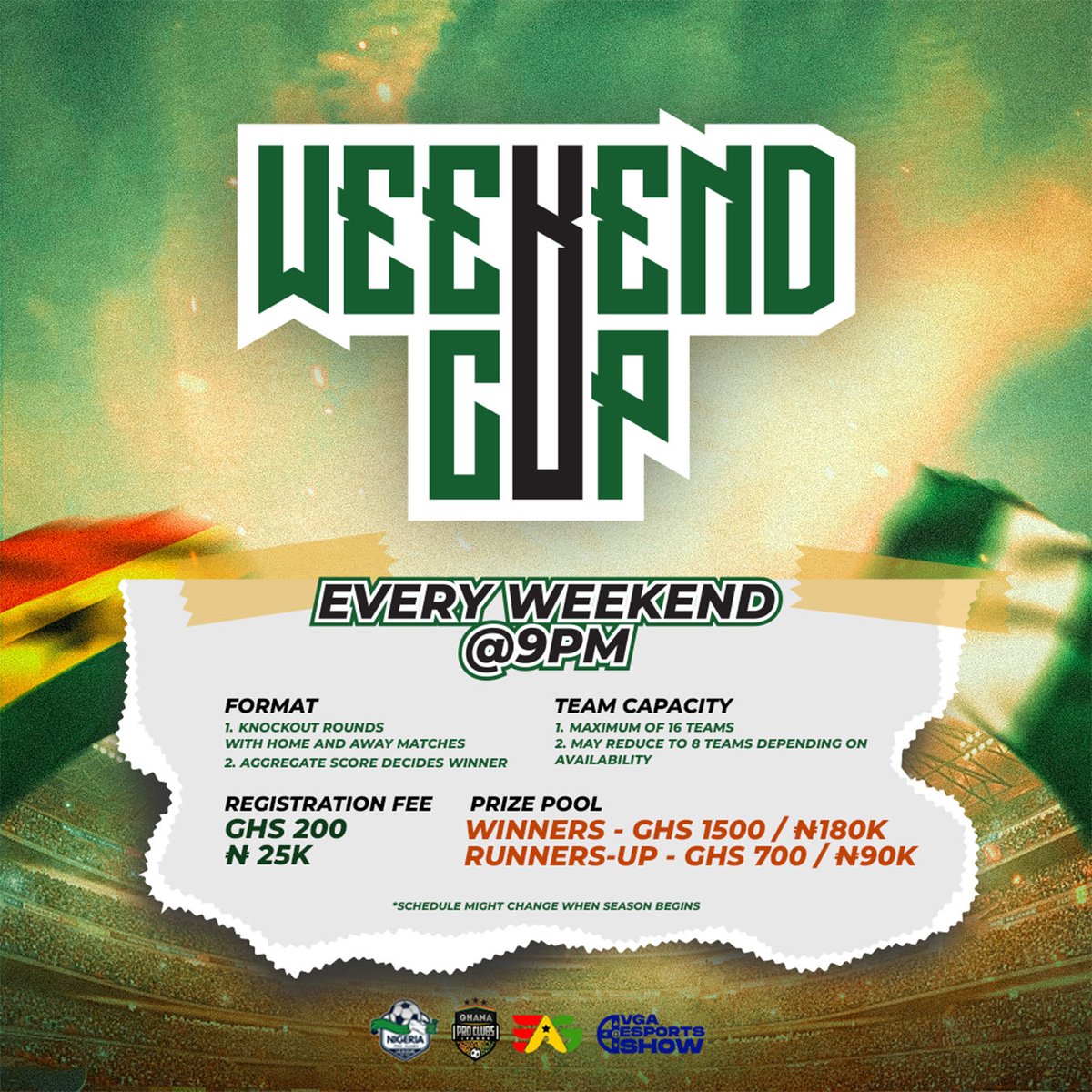 Ghanaproclubs's tweet photo. No talking. No excuses. Just clubs carnage. ๐ฃ
NG Weekend Cup returns โ bigger, louder, and madder!
16 teams. One trophy. 90 minutes of pure chaos.
Only one can stand tall when the dust settles โ will it be your squad? ๐
โฝBe there. Feel the fire. Live the madness.
#NGWeekendCup https://t.co/6iRXA1sZEL