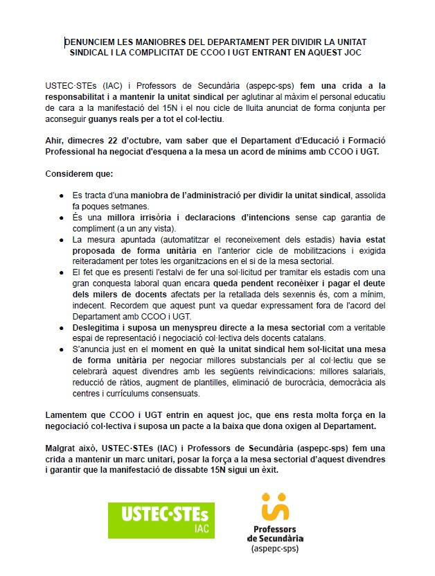 Denunciem les maniobres del Departament per dividir la unitat sindical

Fem una crida a la responsabilitat i a mantenir la unitat sindical per aglutinar al màxim el personal educatiu de cara a la manifestació del 15N.

Comunicat: sindicat.net/2025/10/23/den…