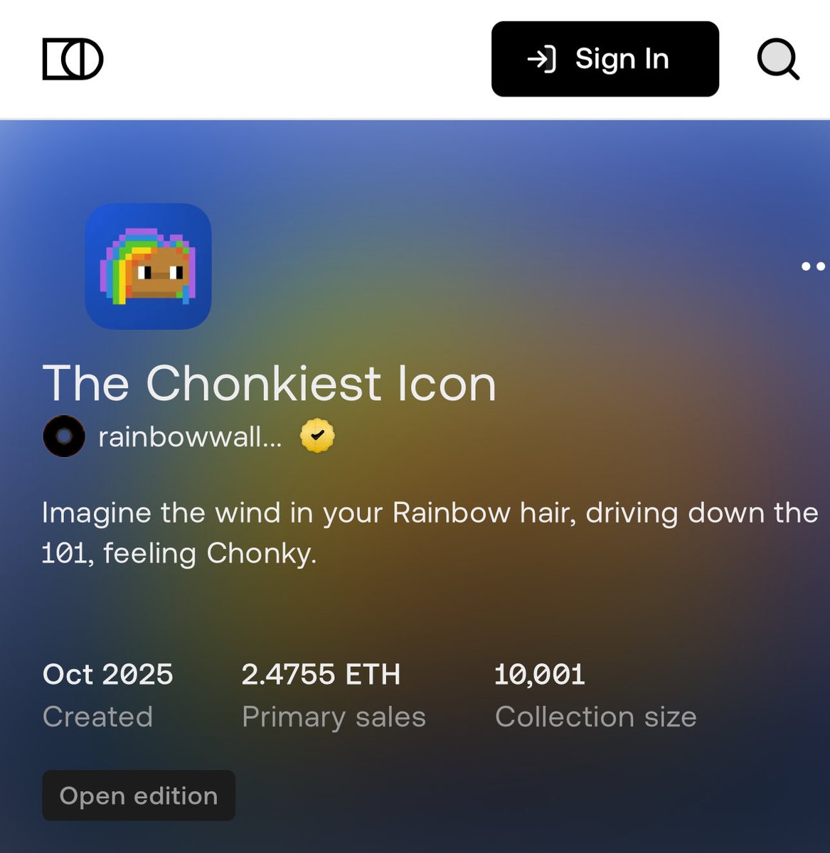 backseats_eth's tweet image. 10,000 Chonks x @rainbowdotme icons have been collected!
Grab one for your main wallet and put one in your Chonk’s Backpack for a new Trait soon.
8 hours left on the mint.
Mint yours:
highlight.xyz/mint/base:0xA1…