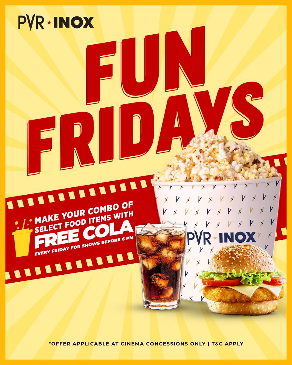 _PVRCinemas's tweet image. Kickstart your weekend with a sip of joy! 🥤✨
Fun Fridays bring you a FREE Cola with select food items before 6 PM at PVR INOX! 🍔
.
.
.
*T&Cs Apply
#FunFridays #Combo #FreeCola #Friday #Offer #Deal #PVRINOX