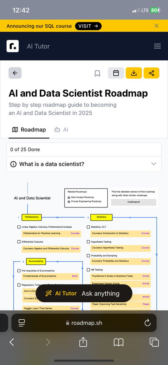 kossisoroyce's tweet image. I also came across roadmap.sh recently and honestly, it’s one of the best free resources I’ve seen in awhile for learning tech and AI.

It gives you a roadmap for almost every tech field, from web development to data science to AI. It’ll save you lots of confusion.
