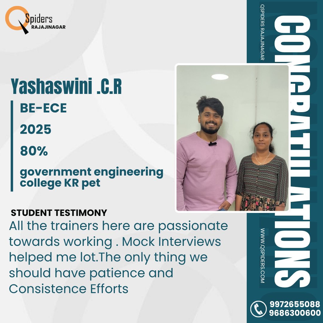 QRajajinagar's tweet image. 🌟 Congratulations to Yashaswini C.R from Government Engineering College, KR Pet! 🎓✨
Her journey with QSpiders Rajajinagar proves that 
#MockInterview #PatienceAndConsistency #Government_Engineering_college_KRPET