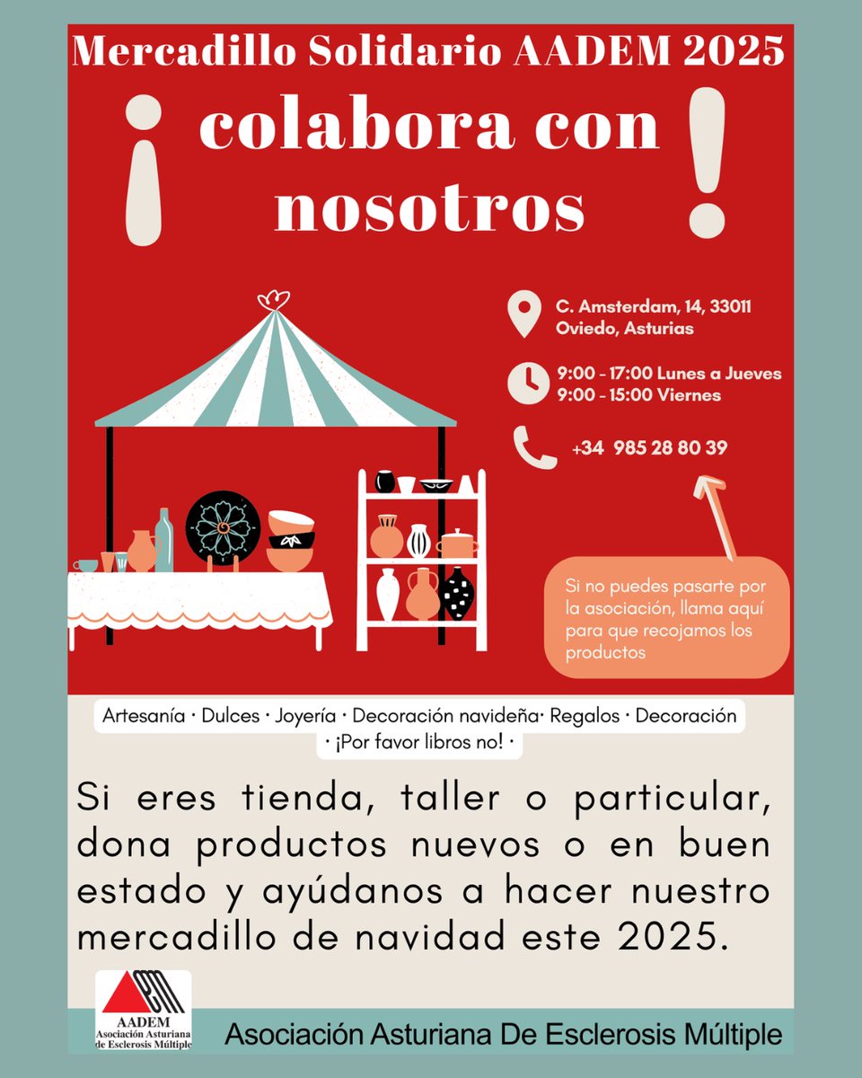 AADEM1995's tweet photo. ¡Se acerca nuestro Mercadillo Solidario!

Recaudaremos fondos para seguir impulsando nuestras actividades 
Cómo colaborar:
Dona bisutería, decoración o artículos en buen estado 
 invita a tiendas y conocidos a sumarse con sus aportaciones.
 ¡Toda ayuda cuenta!
Gracias!! https://t.co/EAO7dtnMt9