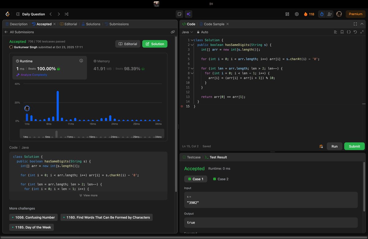 Kunwar609's tweet image. Day 103 of DSA LeetCode #POTD.                                                                                                                                                ✅ 3461. Check If Digits Are Equal in String After Operations I

#LeetCode #ProblemSolving #LearnInPublic