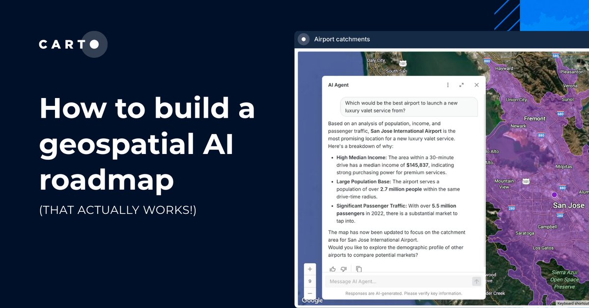 CARTO's tweet image. How do you build a geospatial AI roadmap that actually works? 👀
AI adoption is growing fast, but most teams still miss its full spatial potential.
Our latest post shares a 5-step roadmap for bringing AI safely into your spatial workflows.
Read more:hubs.ly/Q03PRl6V0