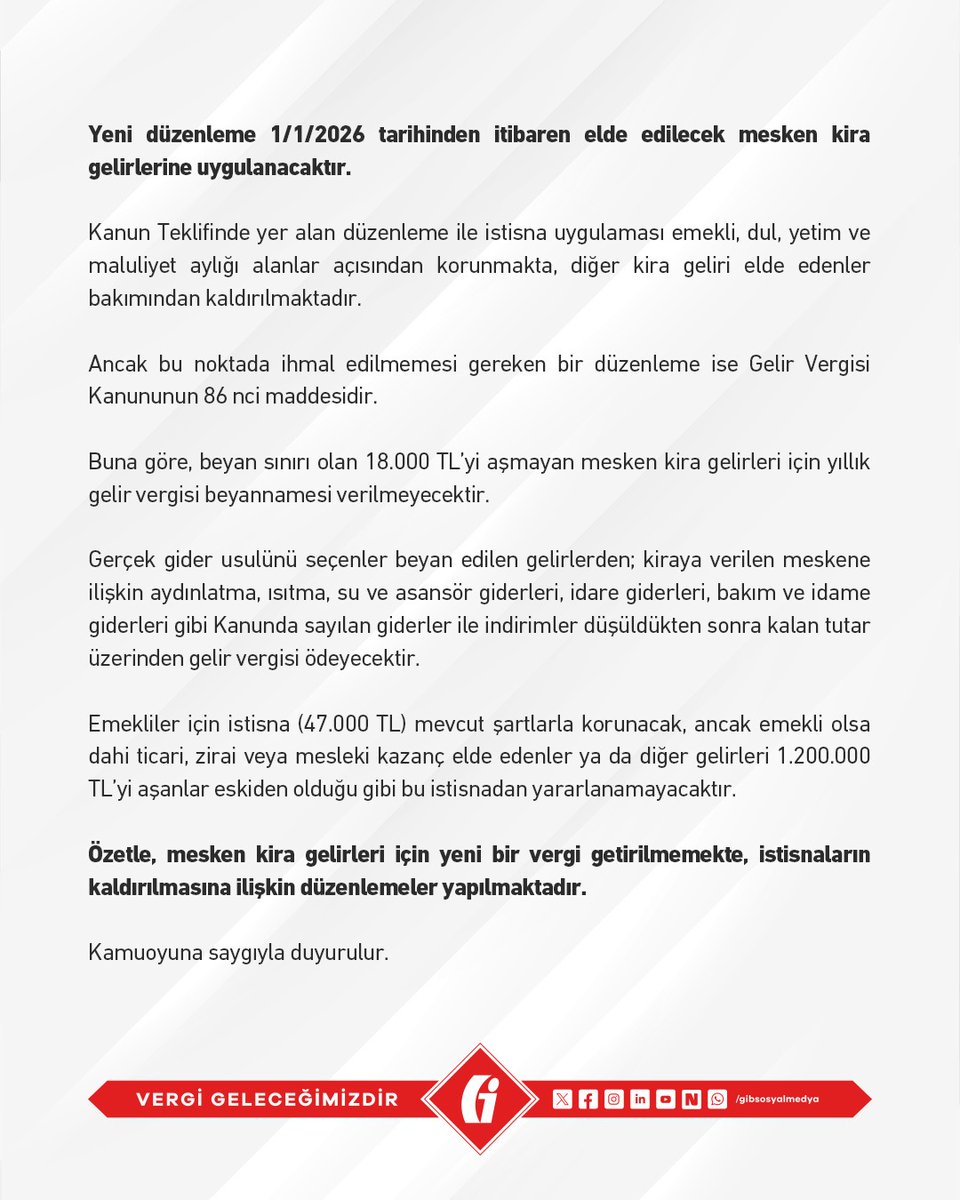 Bazı Sosyal Medya Platformlarında Kiralar ile İlgili Yeni Vergi Geldiği Şeklinde Kamuoyunu Yanlış Yönlendirici Paylaşımlar Yapılmasına İlişkin Basın Açıklaması’na sitemizden (gib.gov.tr) ulaşabilirsiniz.

gib.gov.tr/duyuru-arsivi/…

#GİB #VergiGeleceğimizdir