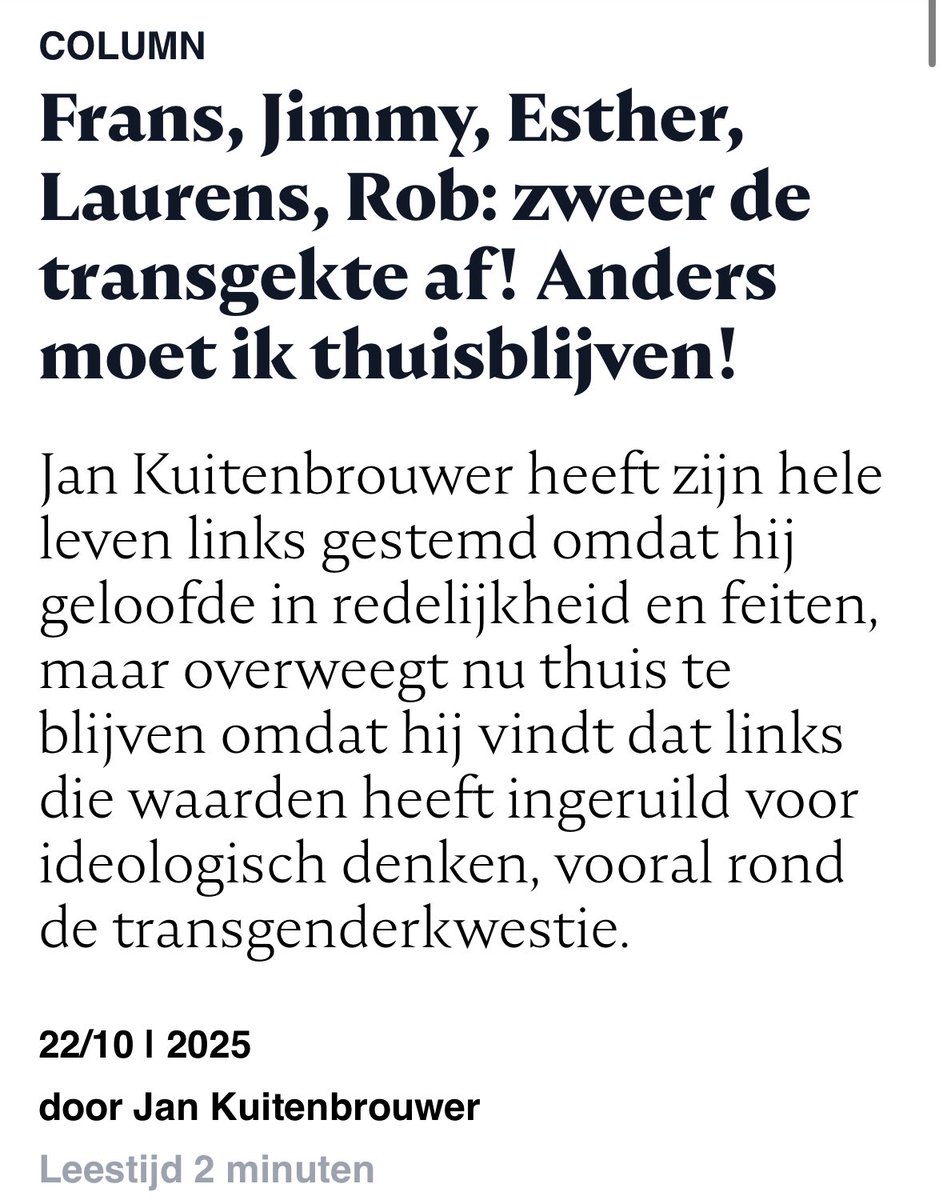 ‘Zweer de transgekte af! Anders moet ik thuisblijven!’

Oh <a href="/kuitenbrouwer/">Jan Kuitenbrouwer</a> 💔🥲

Hoeveel meer mensen heeft ‘links’ van zich afgeduwd met hun compleet gestoorde standpunten?