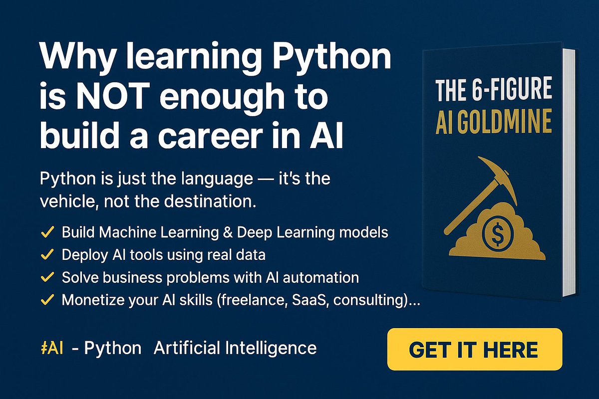 peroscky01's tweet image. Python is just the language — not the destination.
If you stop there, you’ll be stuck coding for others.
If you go further, you can build, deploy & profit from AI. 💡
Master:
⚙️ Machine Learning & Deep Learning
🧠 AI Automation
💰 Monetization & Freelancing
#AI #Python