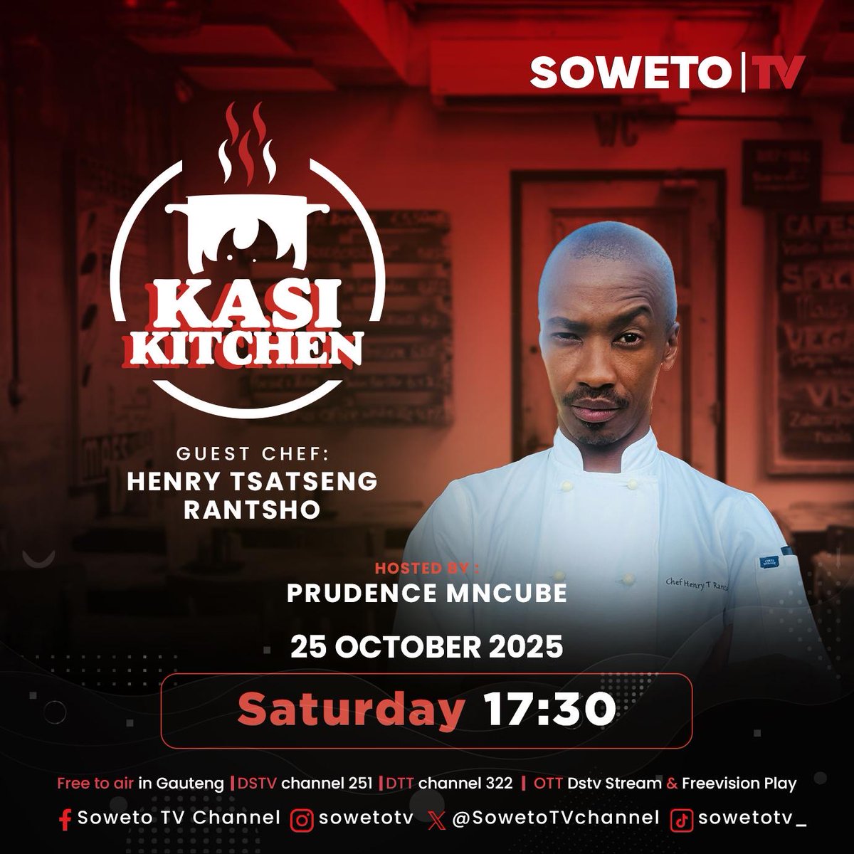 SowetoTVchannel's tweet photo. π₯ Something delicious is cooking this Saturday! π½οΈ
Catch Kasi Kitchen with chef Henry Tsatseng Rantsho and host Prudence Mncube. π₯
π
25 October 2025
π 17:30
πΊFree to air in Gauteng | DStv Channel 251 | DTT Channel 322 | OTT (DStv Stream & Freevision Play)
#KasiKitchen https://t.co/MD7Q2C0KtL