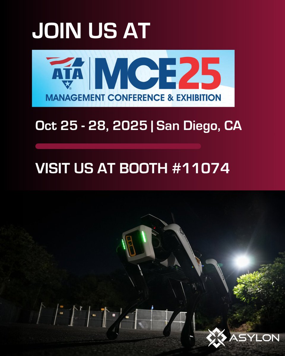 asylonrobotics's tweet image. We’re bringing robotic security + AI automation to #ATAmce25 in San Diego (Oct 25–28)!
Asylon is redefining how fleets protect assets + ensure 24/7 operations.
#TruckingInnovation #Automation #SecurityRobotics
🔗 Learn more: hubs.la/Q03PLM0W0