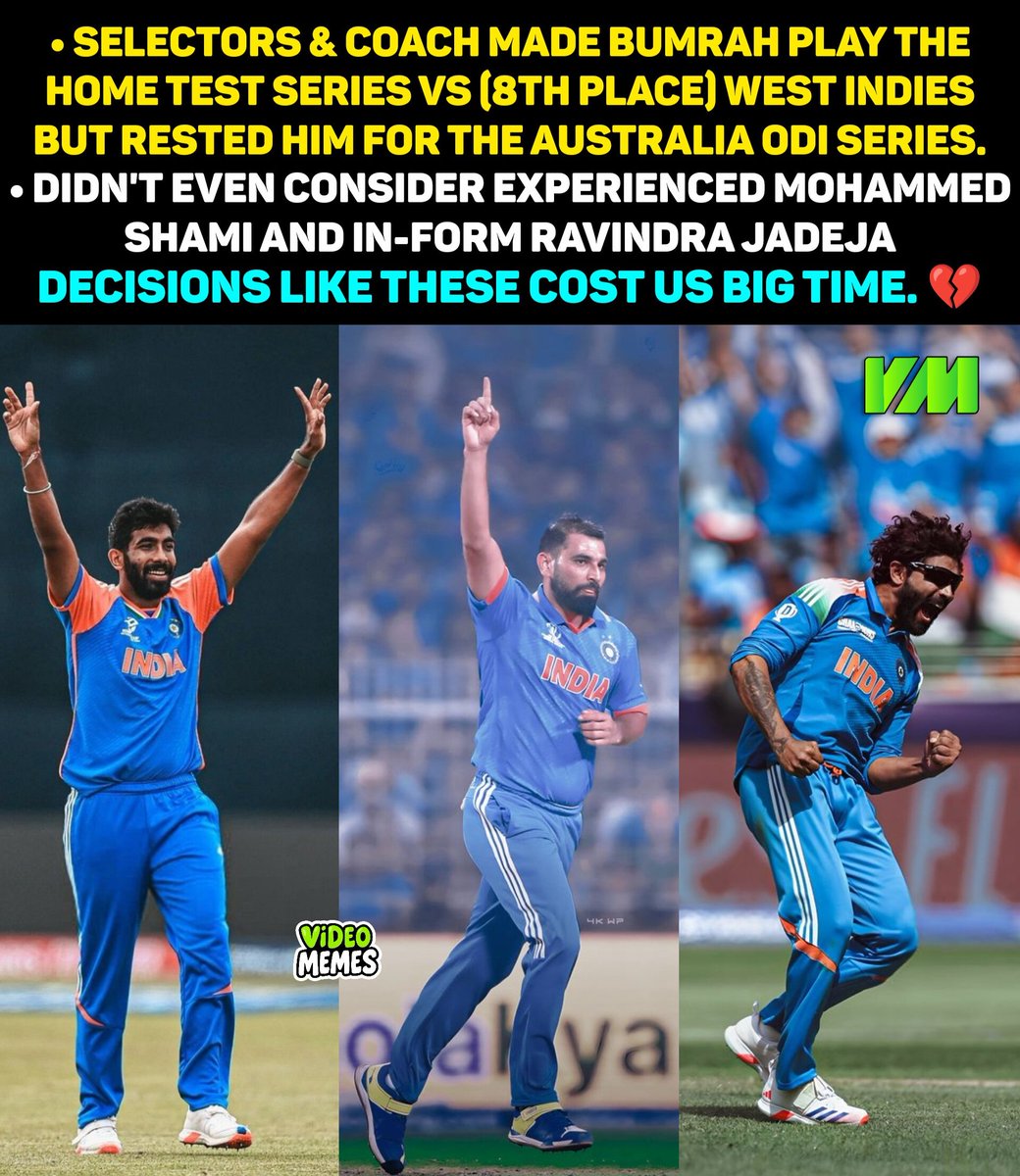 VideoMemesIndia's tweet image. Thank you Gautam Gambhir &amp;amp; Ajit Agarkar for… RUINING this beautiful game. 😤💔
Fans trusted your calls, but decisions like these just break hearts. 😶‍🌫️

#TeamIndia #CricketControversy #Selectors #Bumrah #Shami #Jadeja #CricketFans #INDvsAUS