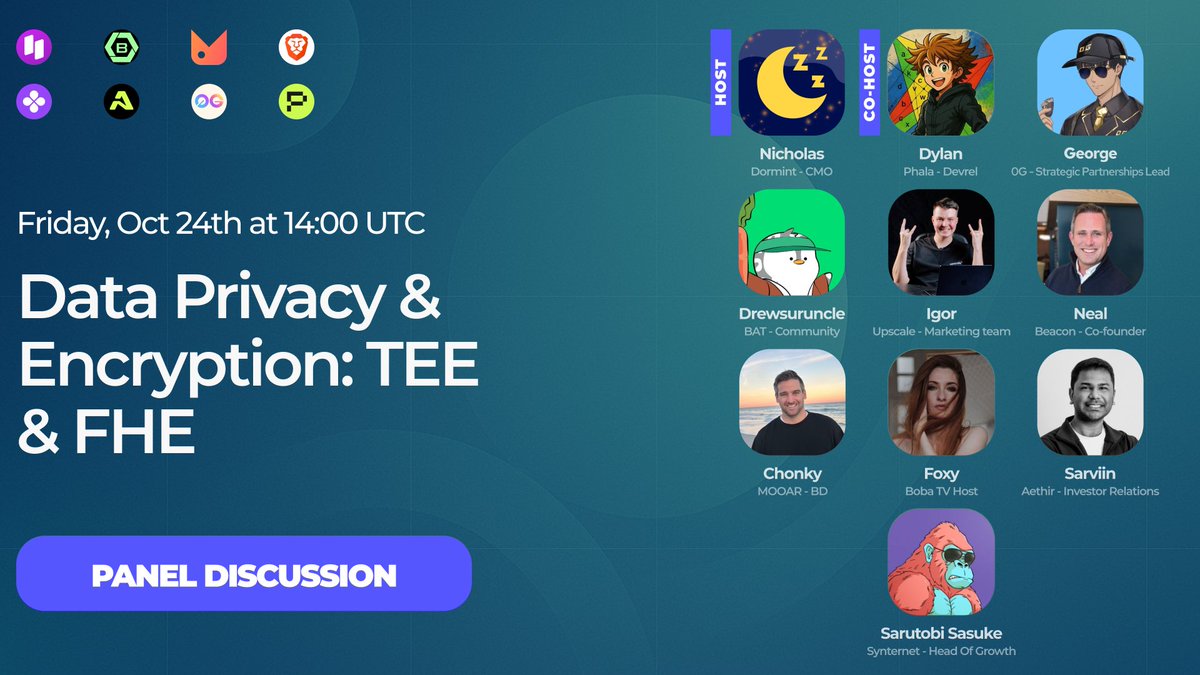 Dormint_io's tweet image. 📅🔍 This Friday, we explore the future of data privacy with TEE and FHE, uncovering how encrypted computation reshapes security, trust, and scalability across AI and Web3!
🎙Privacy advocates: @PhalaNetwork, @0G_labs, @vargs_g, @AethirCloud, @BeaconProtocol, @lolnooonono,…