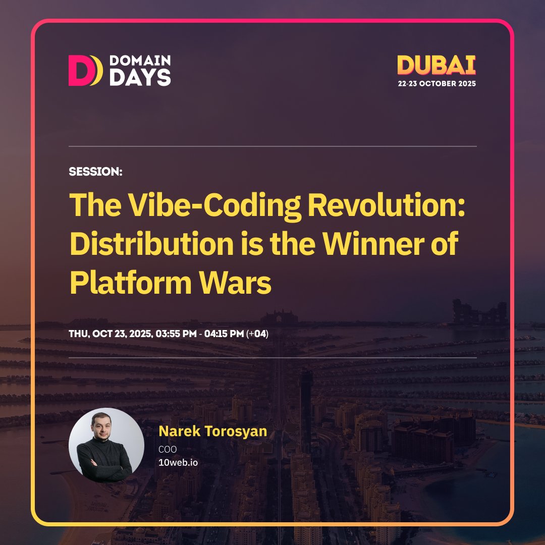 domain_days's tweet image. The next generation of innovation isn’t defined by code, it’s defined by connection.

Join Narek Torosyan, COO of @10Web_io, as he explores how #APIs are reshaping platforms, redefining ecosystems, and powering the #lowcode and #nocode - #vibecoding revolution. Discover why #APIs…