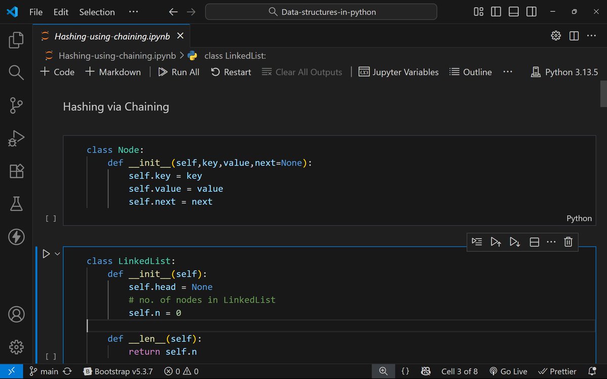 rajabalidildar's tweet image. I finally understood hashing.
Not just the theory — I built it.

From collisions and chaining to linear &amp;amp; quadratic probing, rehashing, and load factors.

I even coded my own Dictionary class in Python from scratch 🔥

Learning by building &amp;gt; reading.

#DSA #Hashing #BuildInPublic