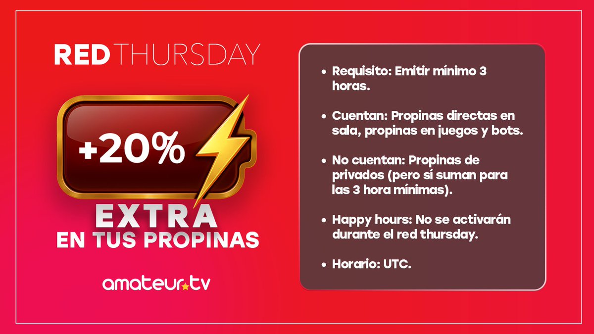 Los requisitos son muy sencillos para ganar un 20% extra en tus propinas el día de hoy en el🔴RED THURSDAY de Amateur⭐️TV .