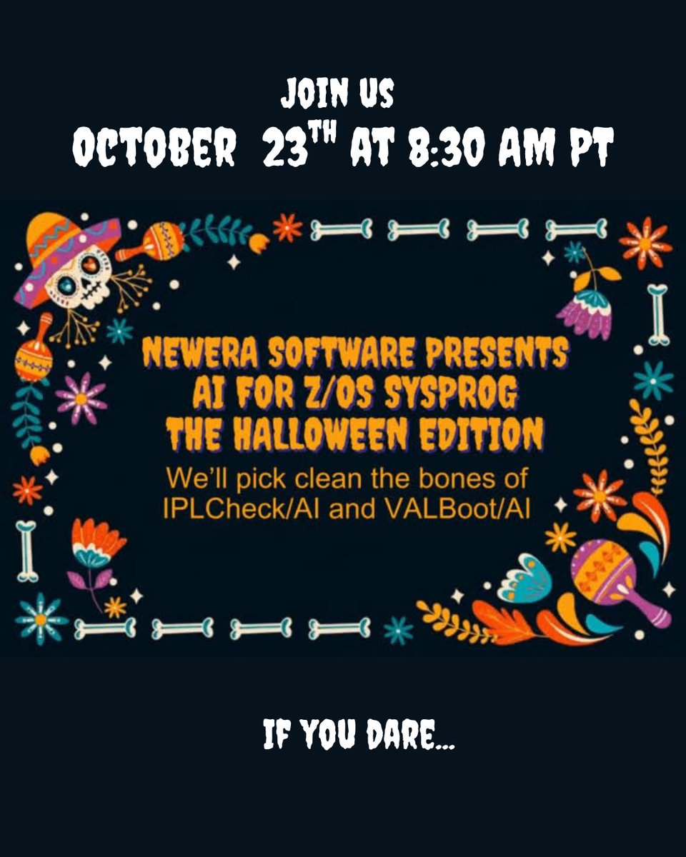 zNewEraSoftware's tweet image. Today's the day! Time to explore AI for SysProg with a little Halloween fun thrown in to the mix. 👻🕷️We'll explore IPLCheck + IBM's #HealthChecker & VALBoot/AI
👉All the ghoul people are joining here:
us06web.zoom.us/webinar/regist…
#AI #SysProg #zOS #zCommunity #IBM #IBMz #Mainframe