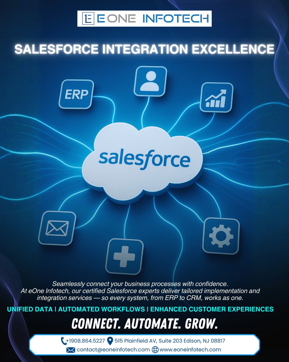 EOneInfotech's tweet image. Seamlessly connect ERP & CRM with Salesforce integration by eOne Infotech. Unified data + automated workflows = enhanced customer experiences. Connect. Automate. Grow. 🔗🚀 #SalesforceIntegration #ERP #CustomerExperience