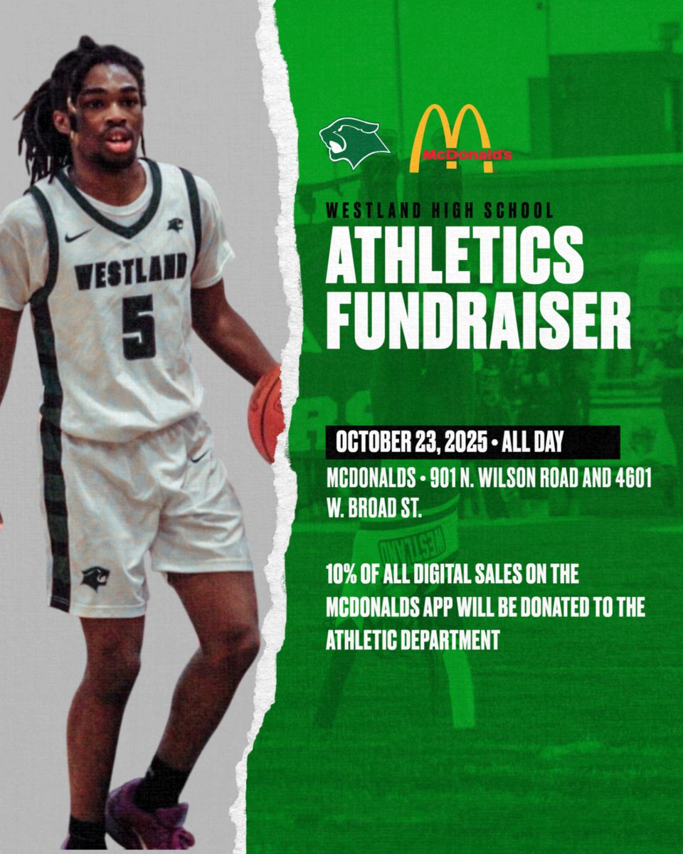 Today is the day.  Westland Athletics Fundraiser at McDonalds.  Order on the app at the 901 N Wilson Rd or 4601 W Broad St. locations and 10% will be donated to the Westland Athletic Department.