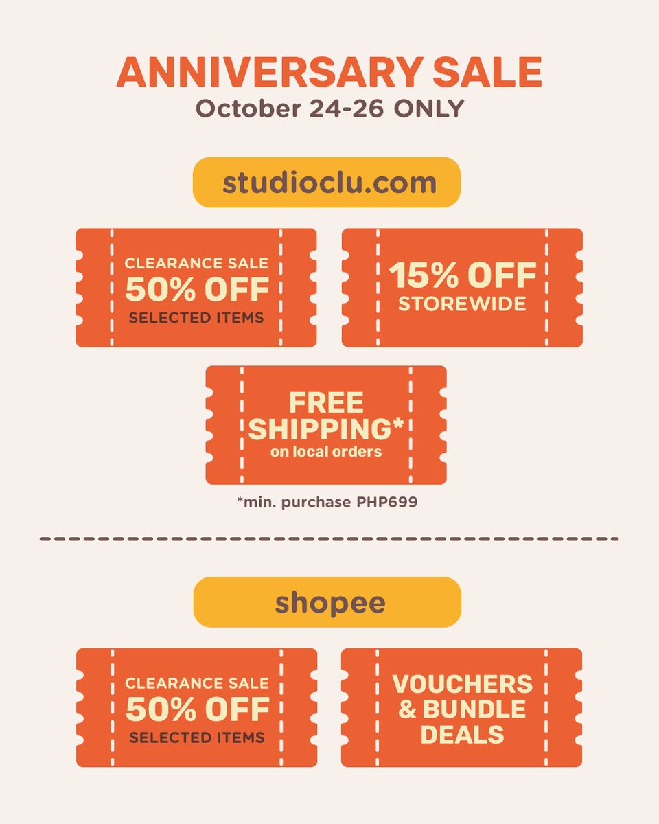 studio_clu's tweet image. We&apos;re turning 6 tomorrow! 🥹🥳🎉

We&apos;re having huge discounts, a freebie for every order and free shipping* as a thank you for all the love and support! 💖

Promo runs in shopee and studioclu.com from Oct. 24–26 only ✨

*applicable only in website for local orders (PH)