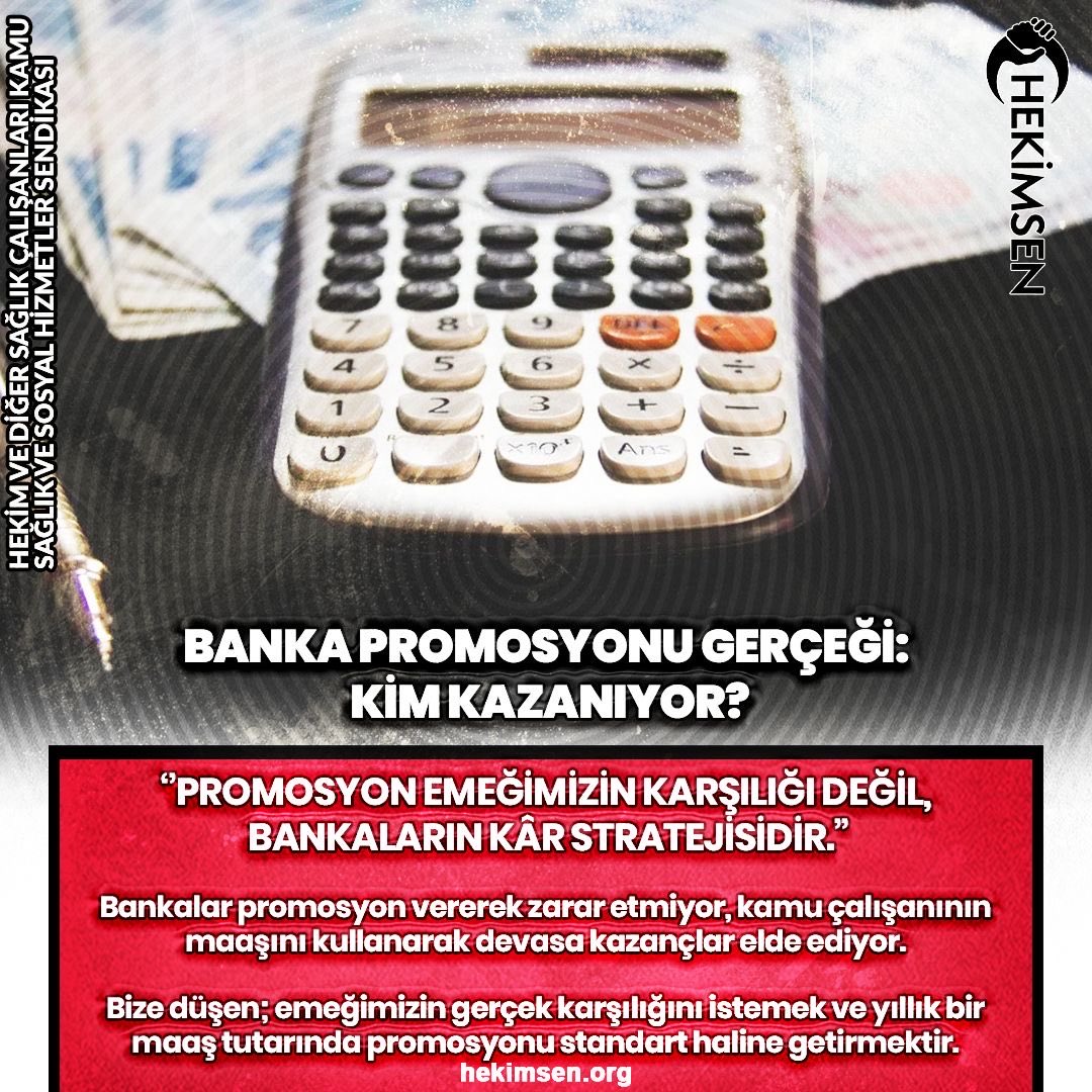 hekimsen's tweet photo. 📢  BANKA PROMOSYONU GERÇEĞİ: KİM KAZANIYOR?
Sağlık Bakanlığı’na bağlı 850 bin personelin maaş akışı, bankalar için altın madeni niteliğinde. Aylık ortalama 100 bin TL’lik para her bir personel adına bankaya yatıyor ve bu para maaş hesabına geçmeden önce 2–4 gün bankanın kullanımında kalıyor. Bu durum, 3 yılda en az 120 güne denk gelen ücretsiz kaynak anlamına geliyor.
Bankaların kazanç kalemleri yalnızca bekleyen maaş parası değil:
✅ Maaşa bağlı yüksek faizli krediler, Kredi kartı faizleri ve yıllık kart aidatları,POS ve işlem komisyonları, EFT/havale gelirleri, Otomatik fatura talimatları, Bireysel emeklilik ve fon komisyonları, Vadeli–vadesiz hesap farkları, Kredili mevduat faizleri
📌 Gerçek tahmini kâr (3 yıl için)
🔹 Kişi başı minimum kâr: 120.000 TL
🔹 Yüksek senaryo: 200.000 TL ve üzeri
💥 Banka ne veriyor? 90.000 TL promosyon
💥 Ne kazanıyor? En az 150.000 TL kâr
🎯 Yani banka verdiğinin 1,5 ile 2 katını geri alıyor!
Bu tablo açıkça gösteriyor:
“Promosyon emeğimizin karşılığı değil, bankaların kâr stratejisidir.”
⚠️ Bankalar promosyon vererek zarar etmiyor, kamu çalışanının maaşını kullanarak devasa kazançlar elde ediyor.
Bize düşen; emeğimizin gerçek karşılığını istemek ve yıllık bir maaş tutarında promosyonu standart haline getirmektir.
#HerYılBirMaaşPromosyon