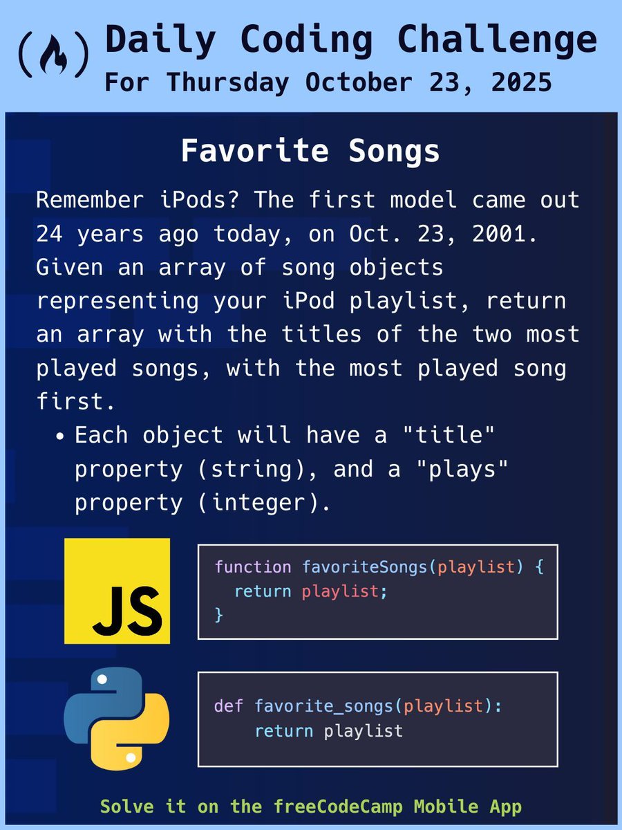freeCodeCamp's tweet image. The first iPod came out 24 years ago today. In honor of that milestone, for today's coding challenge you'll learn how to return an array of objects with your two favorite (that is, most-played) songs.
