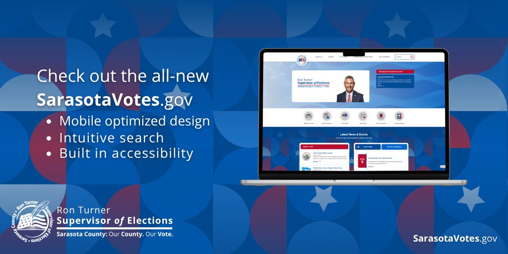 SarasotaVotes.gov got a major upgrade. Last week Supervisor of Elections Ron Turner unveiled a redesigned site with better mobile access, smarter search and more ADA-compliant features—making it easier than ever for voters to stay informed and engaged. #SarasotaVotes