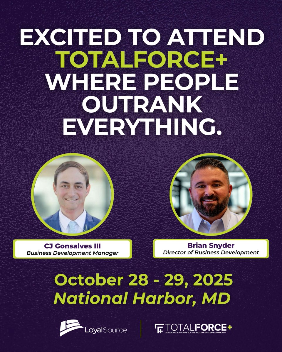 LoyalSourceGS's tweet image. Our team is gearing up for TotalForce+ Military Conference🫡         

We&apos;re fired up to join the brightest minds driving change in tech, healthcare, leadership, and military transition. Shaping the future of military and veteran support. Come find us and join the conversation!