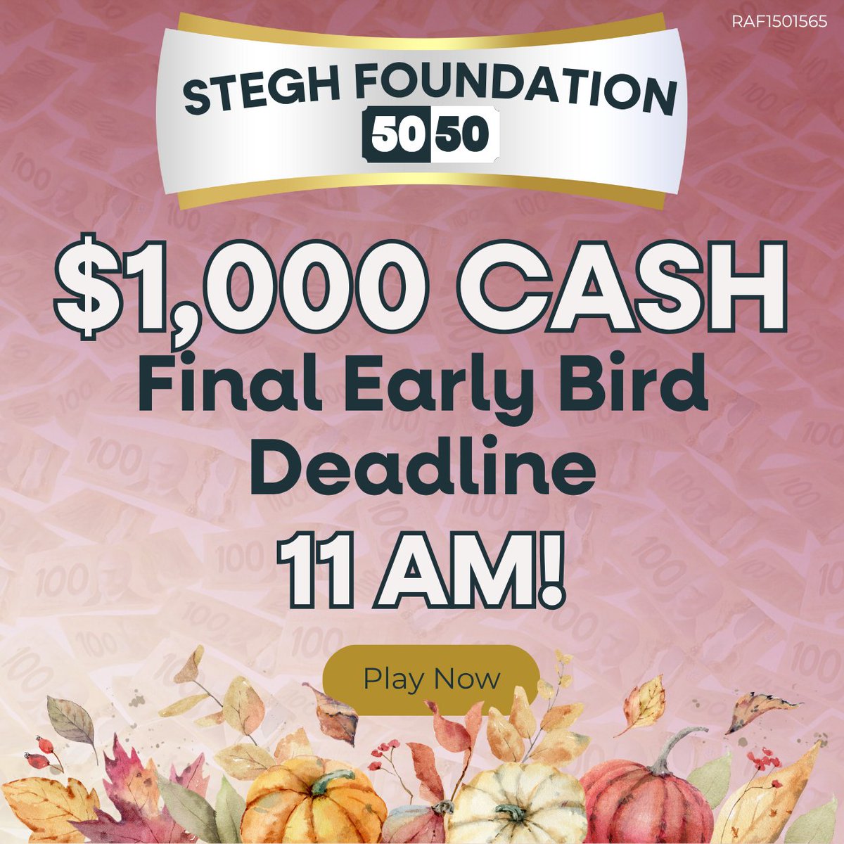 ⏰ FINAL HOURS!
The last $1,000 Early Bird Draw happens today at 11 AM! 💵

🎟️ All tickets also enter the Grand Prize Jackpot (draw Oct 31)
💙 Support quality care close to home

Don’t wait — play now:
👉 ow.ly/XSJh50XggvC

#STEGHFoundation5050 #STEGHFoundation #STEGH