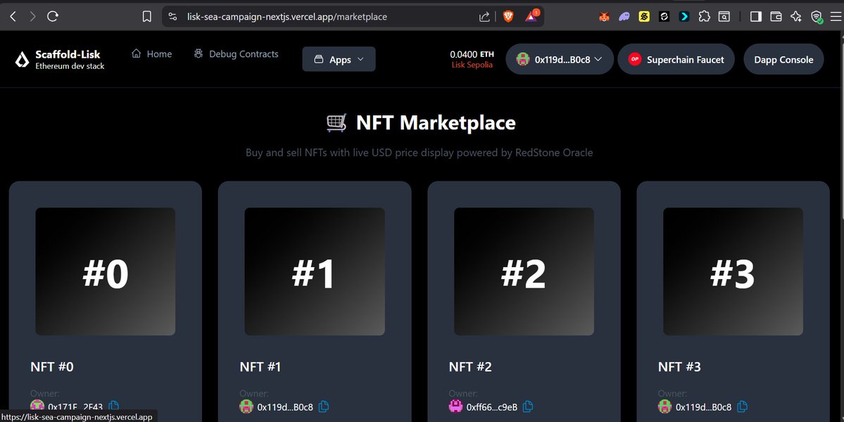 dmystical_coder's tweet image. Just completed
@LiskSEA
#SpeedrunLiskSEA #W5 challenge!  The goal was to build a fully functional NFT marketplace with listing, buying, selling, and oracle-powered USD price display.
Check it out: lisk-sea-campaign-nextjs.vercel.app/marketplace